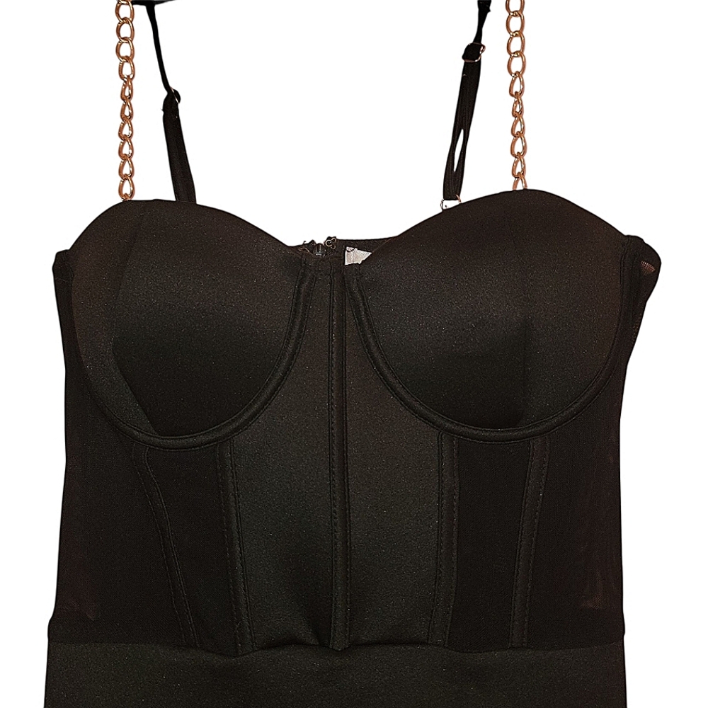 Say What? Black Bodycon Corset Gold Chain Dress